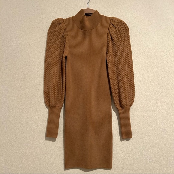 Alice + Olivia Caleb Puff Sleeve Sweater Dress in Camel - Picture 2 of 7